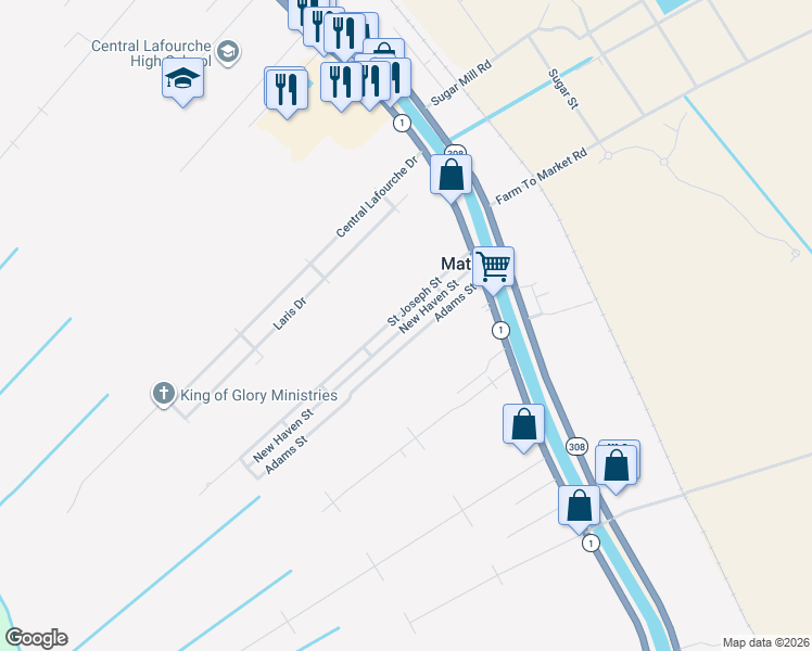 map of restaurants, bars, coffee shops, grocery stores, and more near 300 New Haven Street in Raceland
