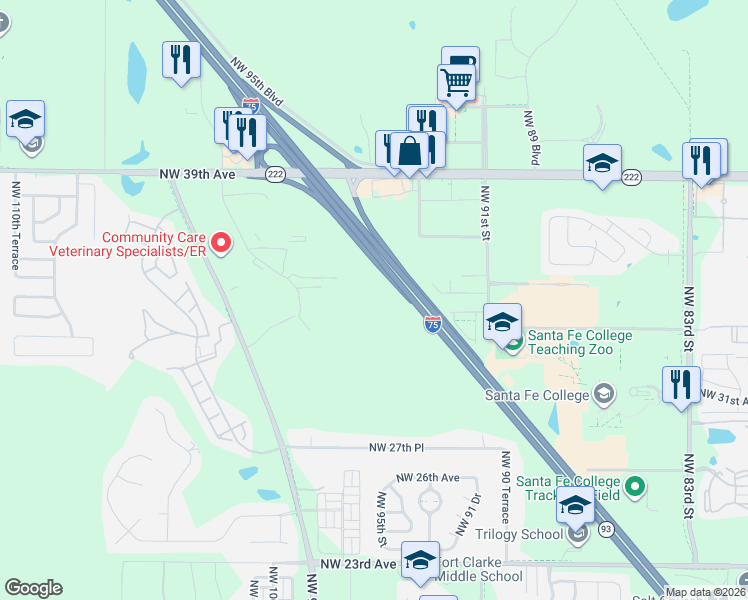 map of restaurants, bars, coffee shops, grocery stores, and more near Northwest 97th Court in Gainesville