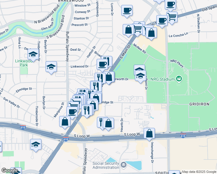 map of restaurants, bars, coffee shops, grocery stores, and more near 9231 South Main Street in Houston