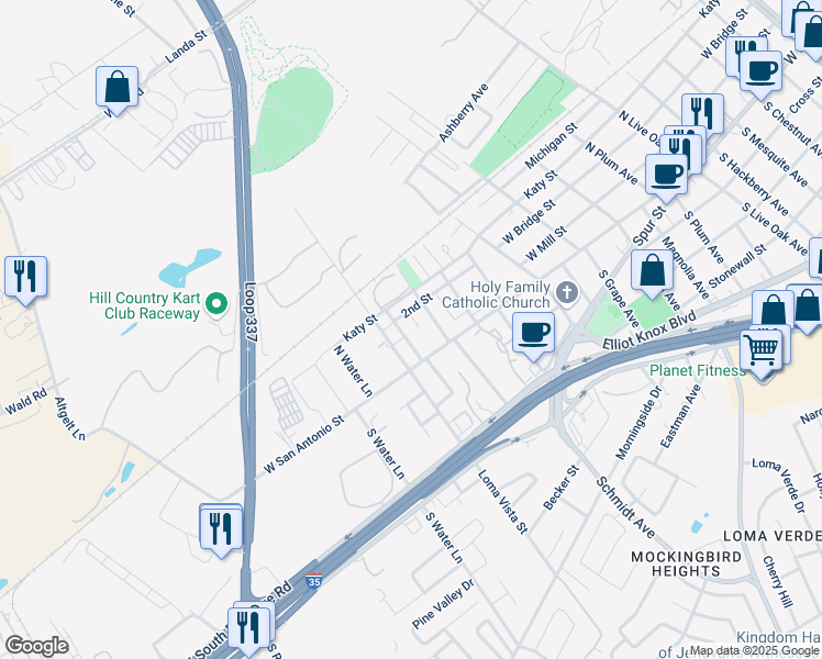 map of restaurants, bars, coffee shops, grocery stores, and more near 2684 West San Antonio Street in New Braunfels
