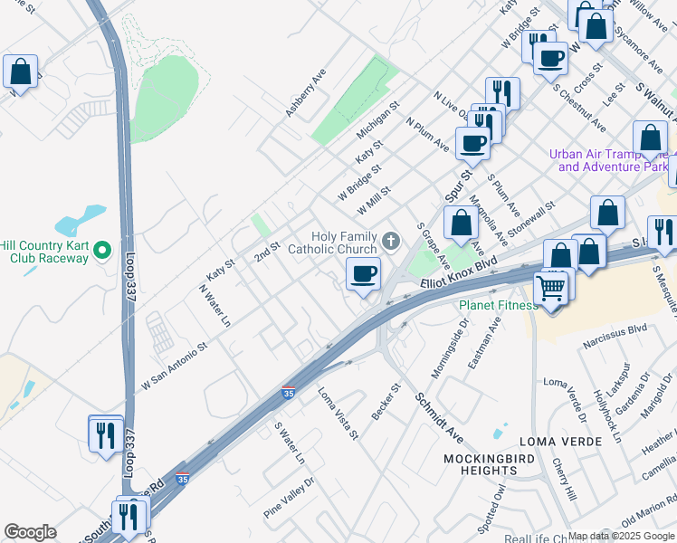 map of restaurants, bars, coffee shops, grocery stores, and more near 2481 West San Antonio Street in New Braunfels