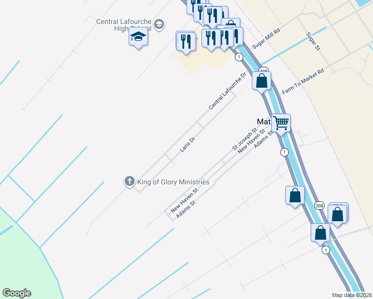 map of restaurants, bars, coffee shops, grocery stores, and more near 201-231 Laris Drive in Raceland