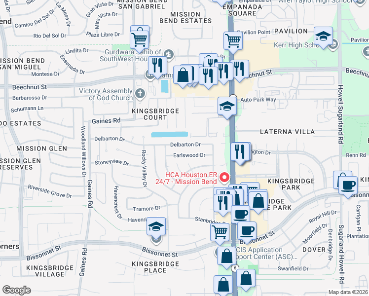 map of restaurants, bars, coffee shops, grocery stores, and more near 14806 Delbarton Drive in Houston