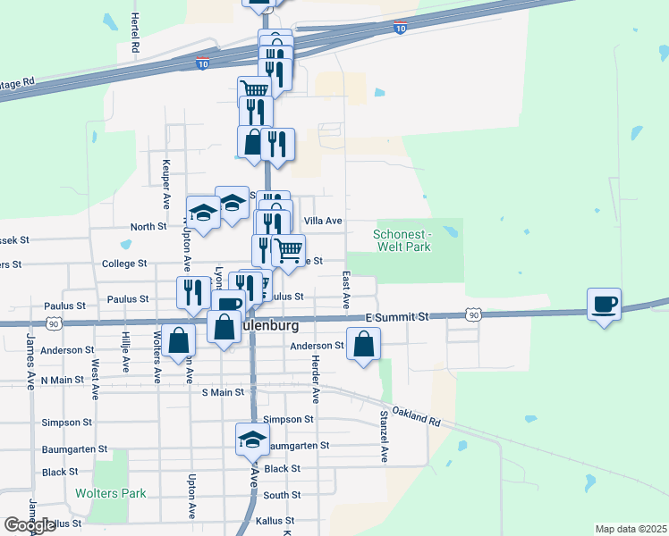 map of restaurants, bars, coffee shops, grocery stores, and more near 111 College Street in Schulenburg