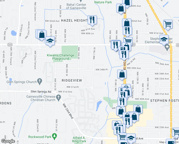 map of restaurants, bars, coffee shops, grocery stores, and more near 1715 Northwest 34 Place in Gainesville