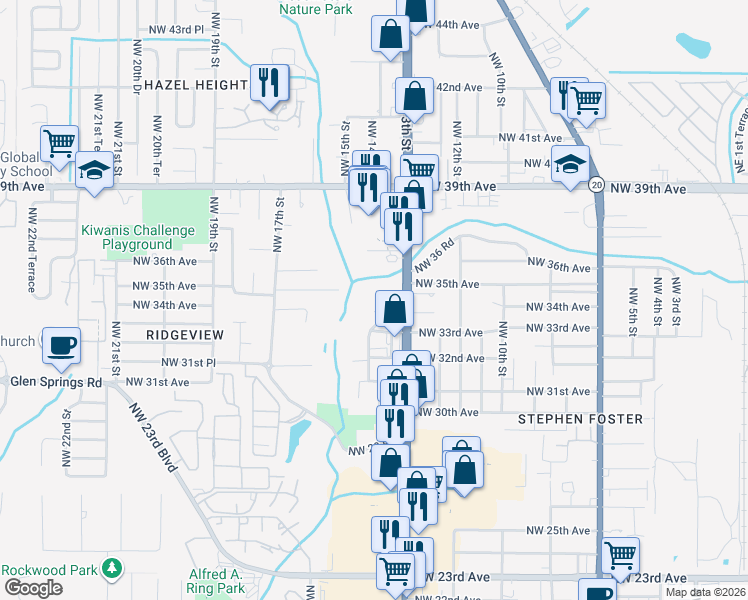 map of restaurants, bars, coffee shops, grocery stores, and more near 1453 Northwest 36th Place in Gainesville