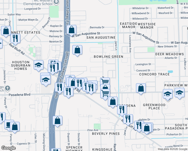 map of restaurants, bars, coffee shops, grocery stores, and more near 4109 Whirlaway Drive in Pasadena