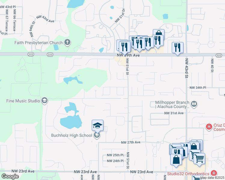 map of restaurants, bars, coffee shops, grocery stores, and more near 5306 Northwest 34 Place in Gainesville