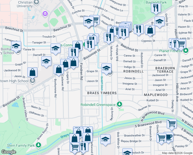 map of restaurants, bars, coffee shops, grocery stores, and more near 6517 Grape Street in Houston