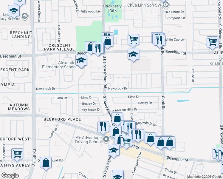 map of restaurants, bars, coffee shops, grocery stores, and more near 12572 Newbrook Drive in Houston