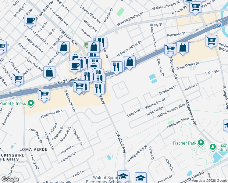 map of restaurants, bars, coffee shops, grocery stores, and more near 940 Winston Avenue in New Braunfels