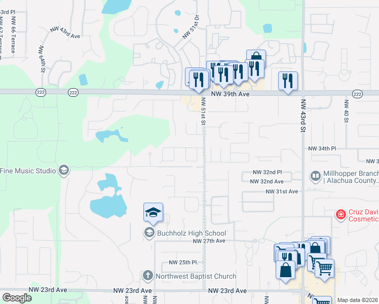 map of restaurants, bars, coffee shops, grocery stores, and more near 5122 Northwest 34 Place in Gainesville