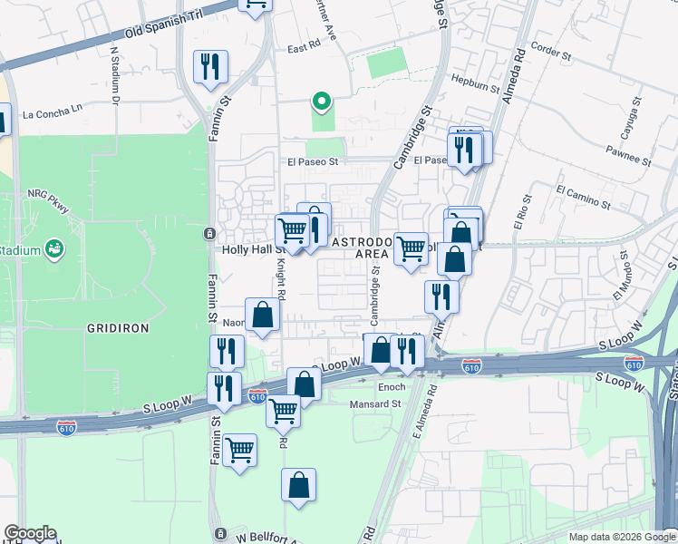 map of restaurants, bars, coffee shops, grocery stores, and more near 2250 Holly Hall Street in Houston