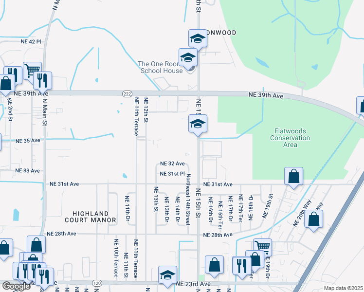 map of restaurants, bars, coffee shops, grocery stores, and more near 3500 Northeast 15th Street in Gainesville
