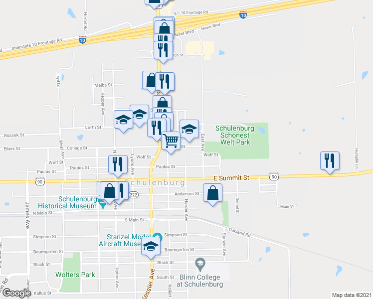 map of restaurants, bars, coffee shops, grocery stores, and more near 150 College Street in Schulenburg
