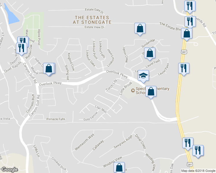 map of restaurants, bars, coffee shops, grocery stores, and more near 25827 Torch Lily in San Antonio