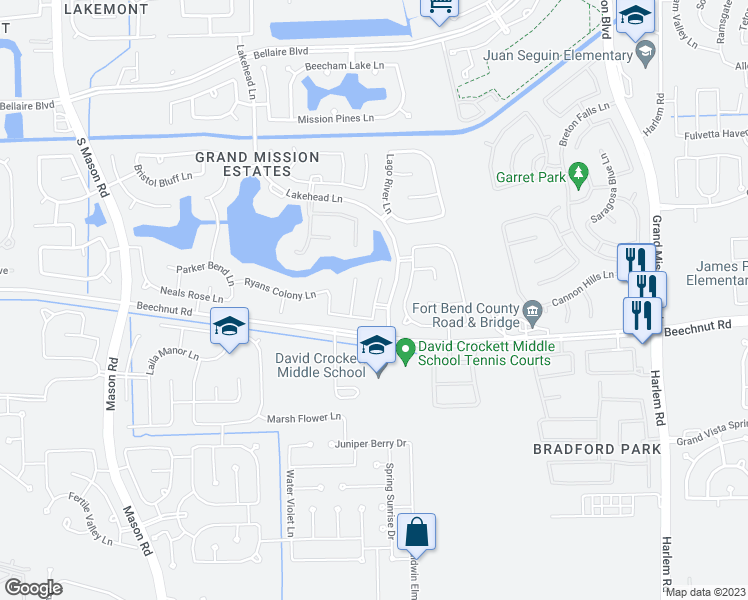 map of restaurants, bars, coffee shops, grocery stores, and more near 8411 Terrace Valley Circle in Richmond
