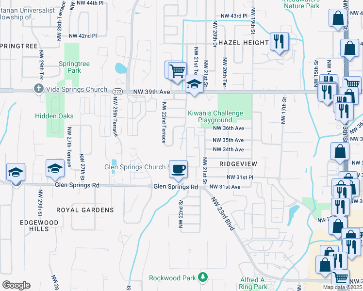 map of restaurants, bars, coffee shops, grocery stores, and more near 3439 Northwest 21st Drive in Gainesville