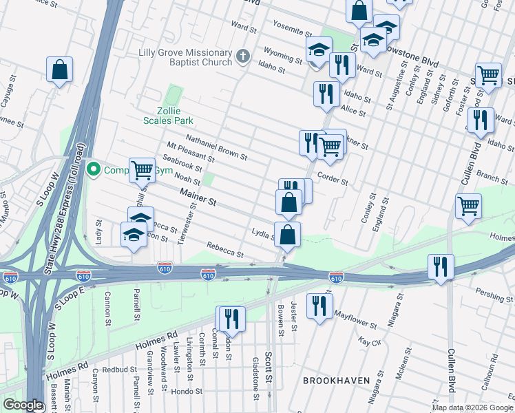 map of restaurants, bars, coffee shops, grocery stores, and more near 3725 Noah Street in Houston