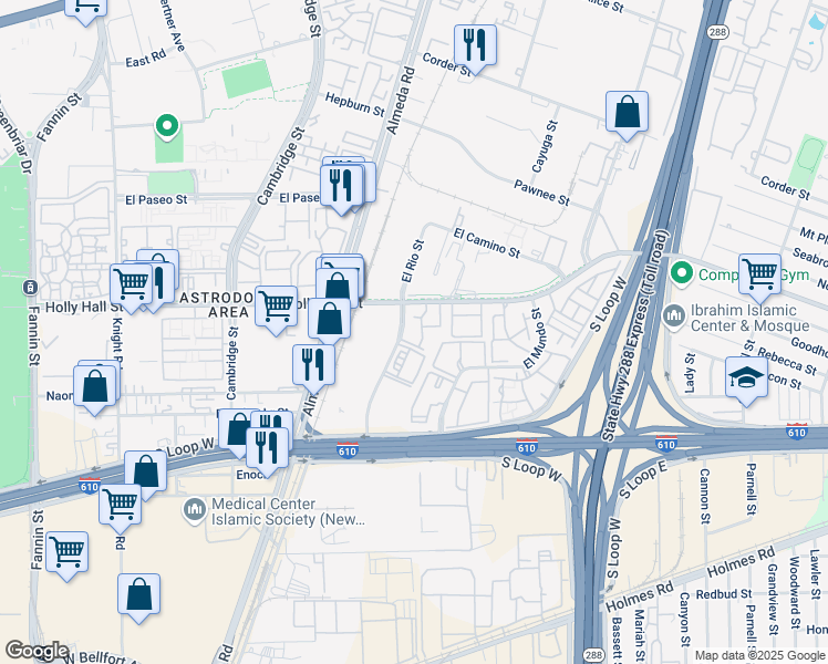 map of restaurants, bars, coffee shops, grocery stores, and more near 2626 Holly Hall Street in Houston