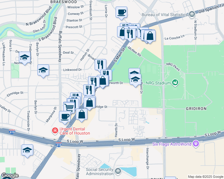 map of restaurants, bars, coffee shops, grocery stores, and more near 2686 Murworth Drive in Houston