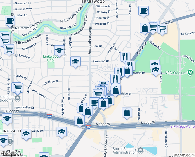 map of restaurants, bars, coffee shops, grocery stores, and more near 9283 Buffalo Speedway in Houston