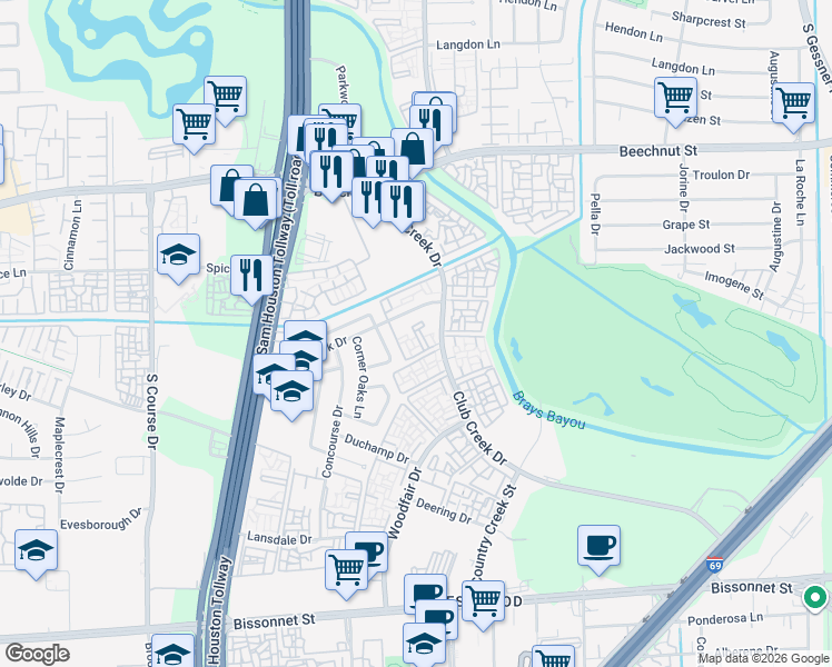 map of restaurants, bars, coffee shops, grocery stores, and more near 908 Green Fork Drive in Houston