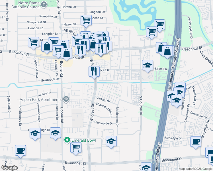 map of restaurants, bars, coffee shops, grocery stores, and more near 8405 Wilcrest Drive in Houston