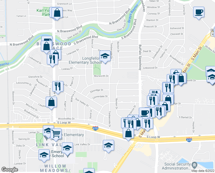map of restaurants, bars, coffee shops, grocery stores, and more near 9103 Timberside Drive in Houston