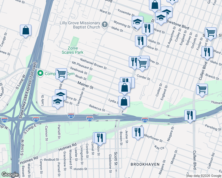 map of restaurants, bars, coffee shops, grocery stores, and more near 3725 Noah Street in Houston