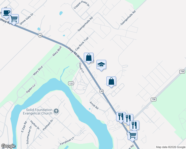 map of restaurants, bars, coffee shops, grocery stores, and more near 1425 Texas 46 in New Braunfels