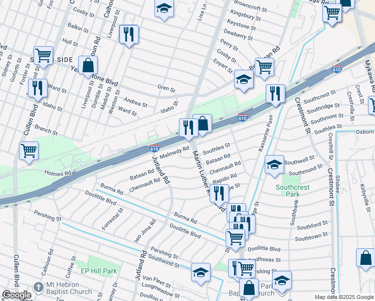 map of restaurants, bars, coffee shops, grocery stores, and more near 5214 Malmedy Road in Houston