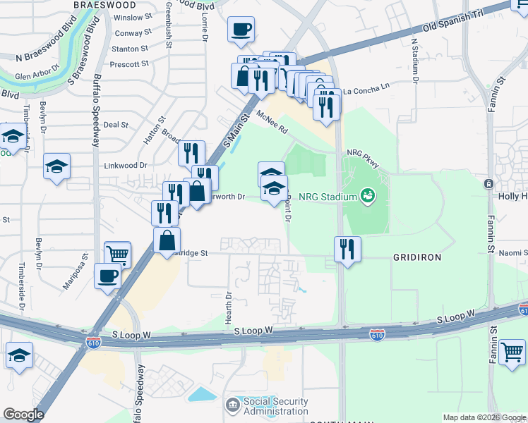 map of restaurants, bars, coffee shops, grocery stores, and more near 2525 Murworth Drive in Houston