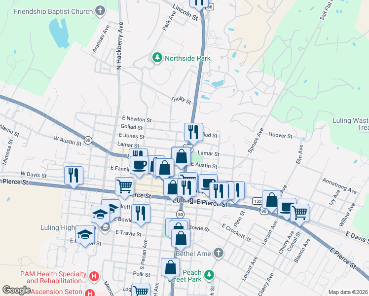 map of restaurants, bars, coffee shops, grocery stores, and more near 501 North Magnolia Avenue in Luling