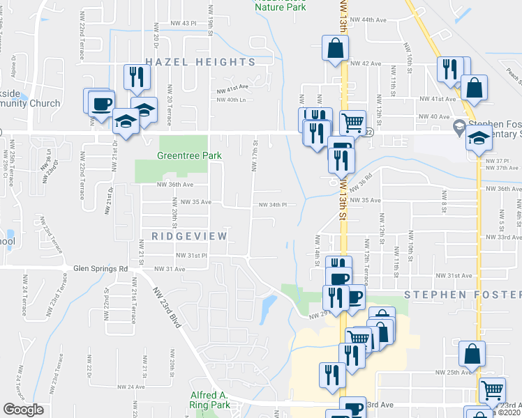 map of restaurants, bars, coffee shops, grocery stores, and more near 1645 Northwest 34 Place in Gainesville