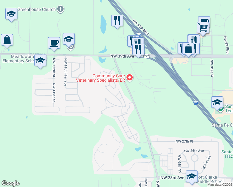 map of restaurants, bars, coffee shops, grocery stores, and more near 10311 Northwest 34th Lane in Gainesville