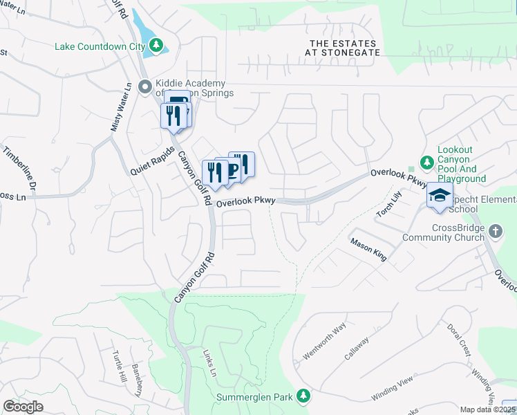 map of restaurants, bars, coffee shops, grocery stores, and more near 25975 Overlook Parkway in San Antonio