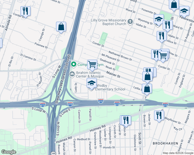 map of restaurants, bars, coffee shops, grocery stores, and more near 3514 Lydia Street in Houston