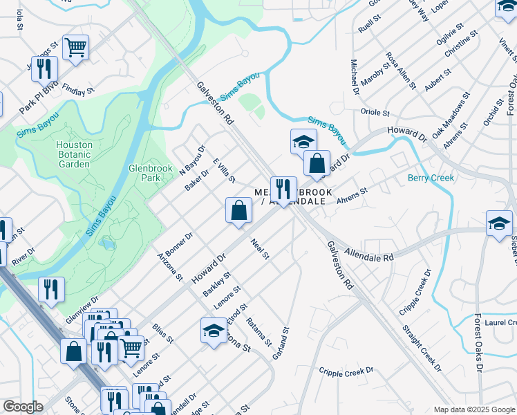 map of restaurants, bars, coffee shops, grocery stores, and more near 8447 Wier Drive in Houston