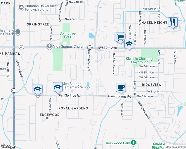 map of restaurants, bars, coffee shops, grocery stores, and more near 3531 Northwest 25th Terrace in Gainesville
