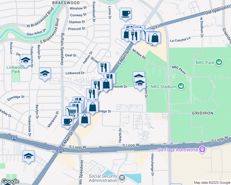 map of restaurants, bars, coffee shops, grocery stores, and more near 2686 Murworth Drive in Houston