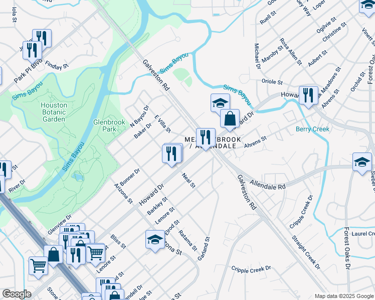map of restaurants, bars, coffee shops, grocery stores, and more near 8447 Wier Drive in Houston