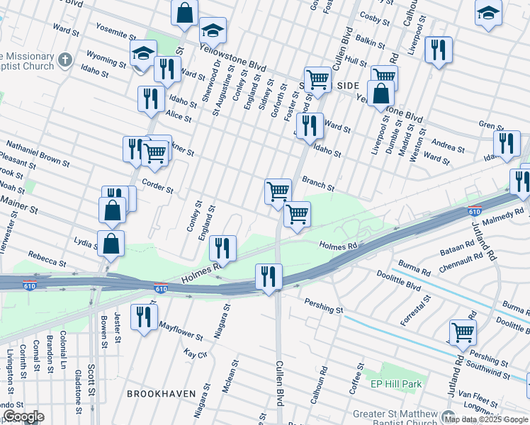 map of restaurants, bars, coffee shops, grocery stores, and more near 7130 Eastwood Street in Houston