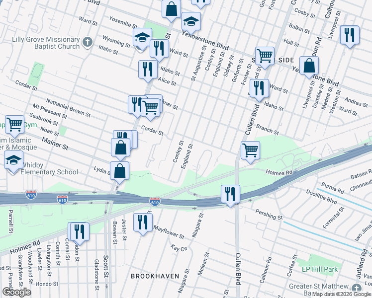 map of restaurants, bars, coffee shops, grocery stores, and more near 7214 Conley Street in Houston
