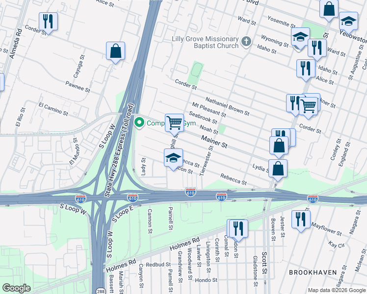 map of restaurants, bars, coffee shops, grocery stores, and more near 3514 Lydia Street in Houston