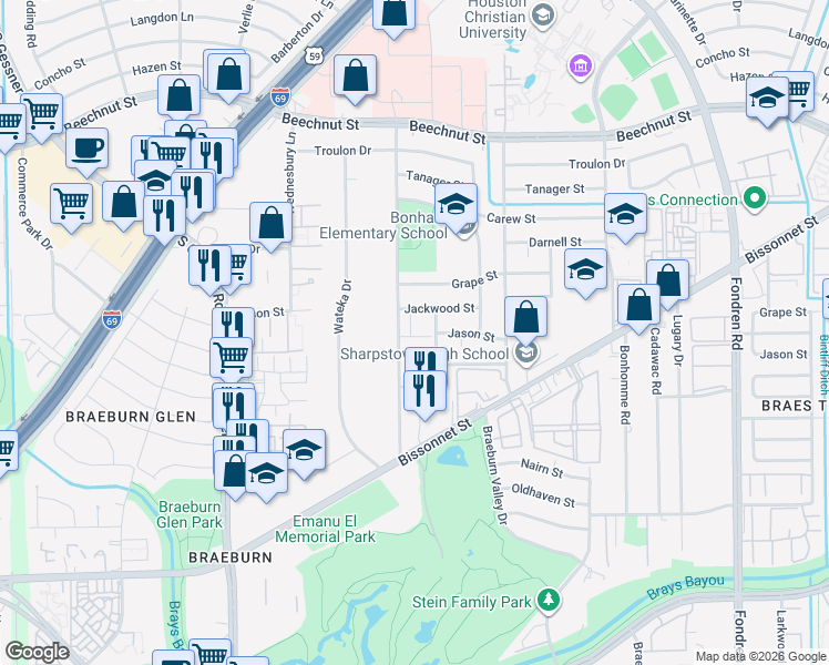 map of restaurants, bars, coffee shops, grocery stores, and more near 208 Brae Acres Road in Houston