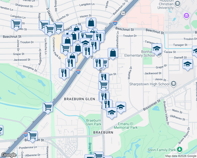 map of restaurants, bars, coffee shops, grocery stores, and more near 8602 Jason Street in Houston