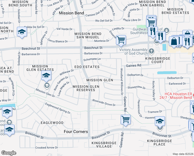 map of restaurants, bars, coffee shops, grocery stores, and more near 15706 Wildwood Lake Drive in Houston