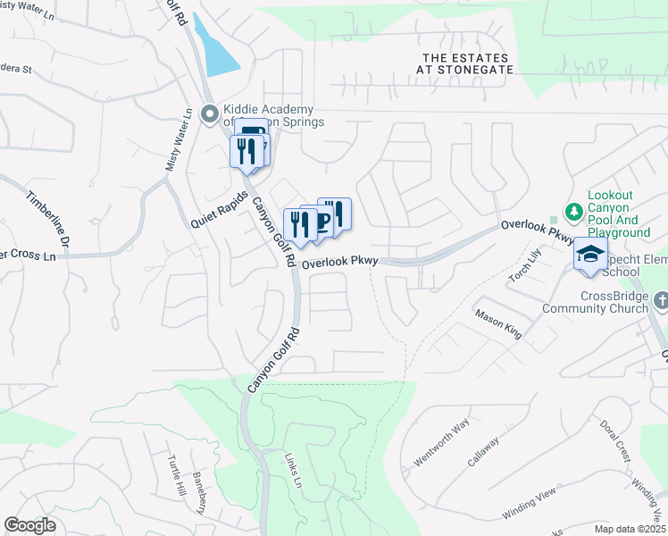 map of restaurants, bars, coffee shops, grocery stores, and more near 25975 Overlook Parkway in San Antonio
