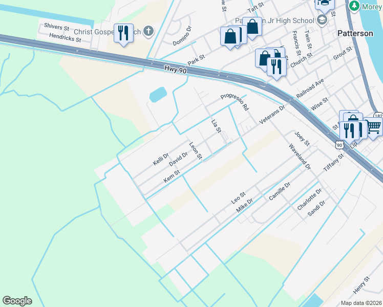 map of restaurants, bars, coffee shops, grocery stores, and more near 508 David Drive in Patterson